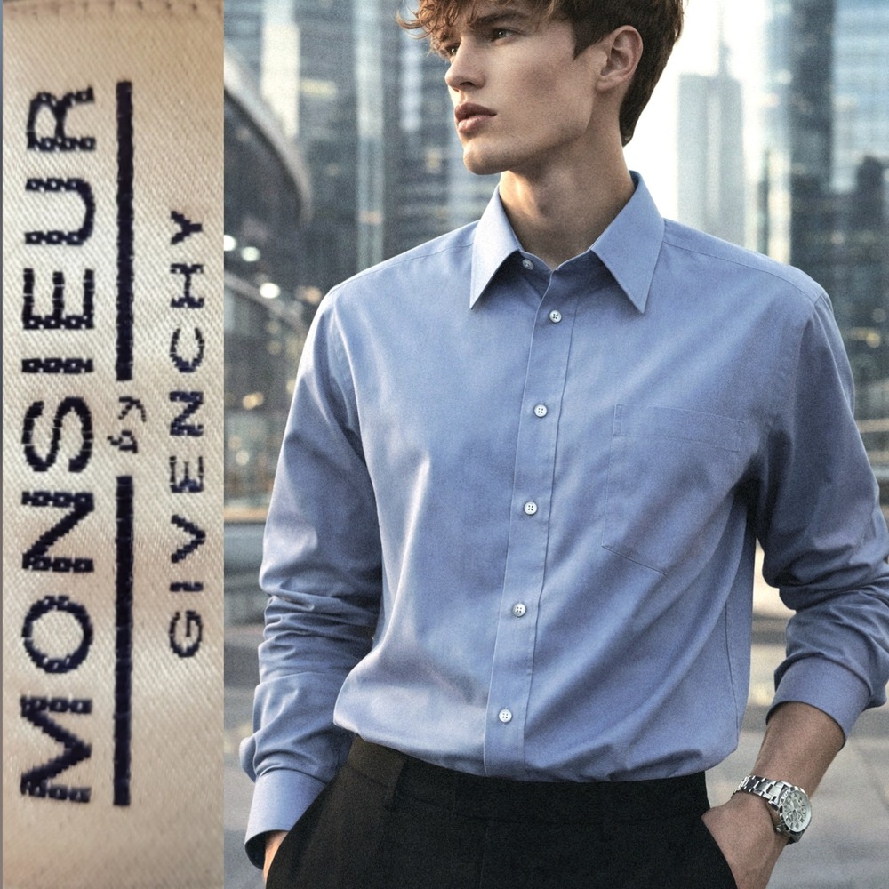 Monsieur by Givenchy Paris Mens Light Blue Dress Shirt Point Collar 15 32/33